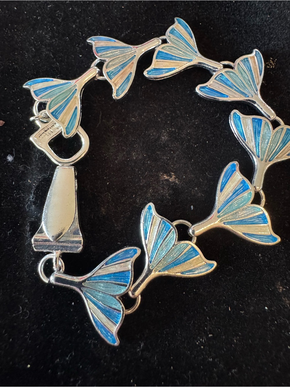 Silver Blue Enamel Whales Tail  Link Bracelet 7 inches